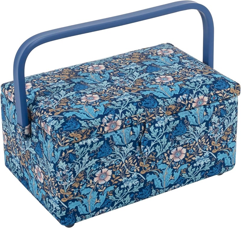 Hobby Gift Medium Sewing Box - Craft & Hobby Storage, Accessories Tray Pin Cushion Pocket PVC Handle Embroidered Lid, 9.6 x 7 x 5.7" - Woodblock Floral - Image 1
